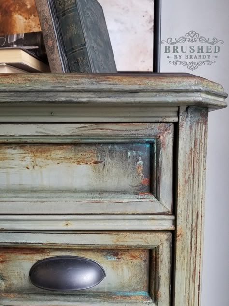 Grungy Green, Gray and Rusted | Brushed By Brandy Diy Furniture Paint, Brushed By Brandy, Patina Paint, Furniture Cleaner, Furniture Painting Techniques, Chalk Painting, Painted Furniture Ideas, Furniture Rehab, Dixie Belle Paint