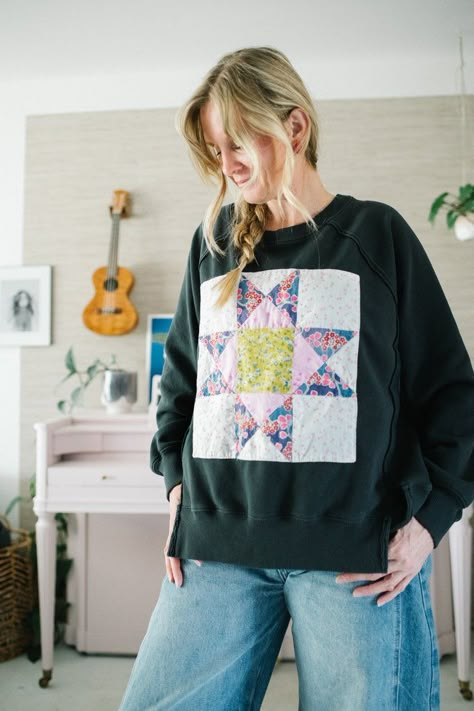 Quilt Block Sweatshirt Diy, Quilted Applique Sweatshirt, Quilt Block On Sweatshirt, Quilt Square Sweatshirt, Quilt Patch Sweatshirt, Quilt Applique Sweatshirt, Quilt Sweater, Quilt Block Sweatshirt, Patch Sweatshirt Diy