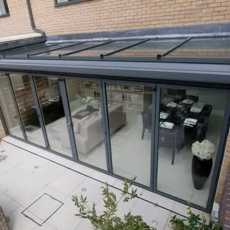 Lean To Glass Roofs | Glass Conservatory Roofs | Sunflex UK Small Glass Extension, Conservatory Extension Ideas, Glass Room Extension, Glass Roof Extension, Small House Renovation, Pottery Shed, Dining Room Extension, Lean To Conservatory, Modern Conservatory