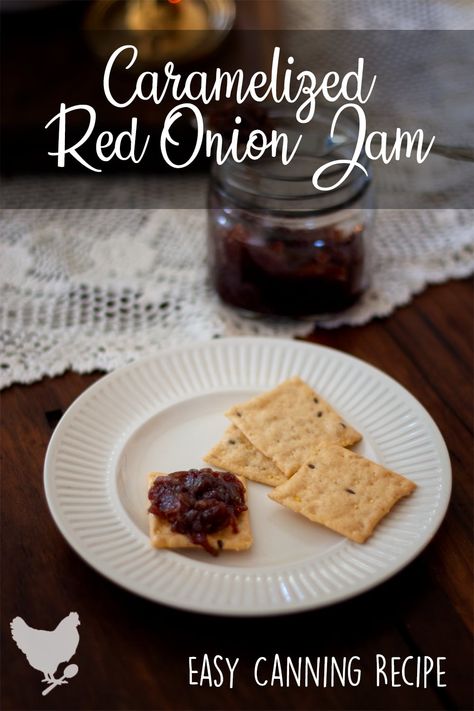 Learn how to make this delicious Red Onion Jam with caramelized onions and lightly sweetened with maple sugar. This recipe makes about 4 half-pint jars. Onion Jam Recipe, Caramelised Onion Chutney, Red Onion Jam, Savory Jam, Red Onion Recipes, Onion Chutney, Easy Canning, Caramelised Onion, Canning Fruit