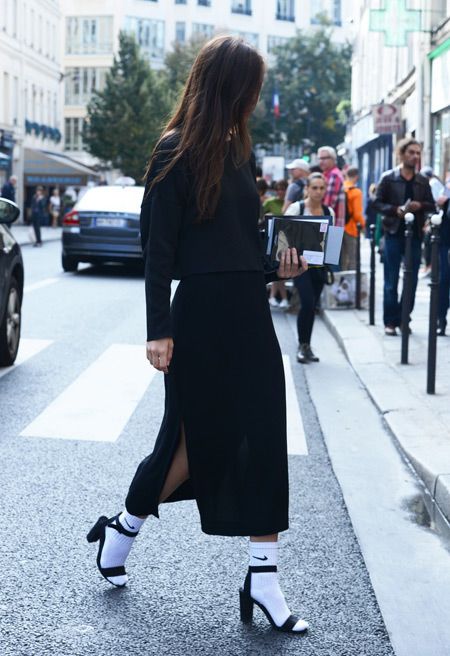 7 ways to wear socks and heels this winter Nike socks with heels and a maxi dress Heels With Socks Outfit, Heels And Socks, Cooler Style, Walking Down The Street, Stylish Fall Outfits, Sock Outfits, Paris Fashion Week Street Style, Socks And Heels, Socks And Sandals