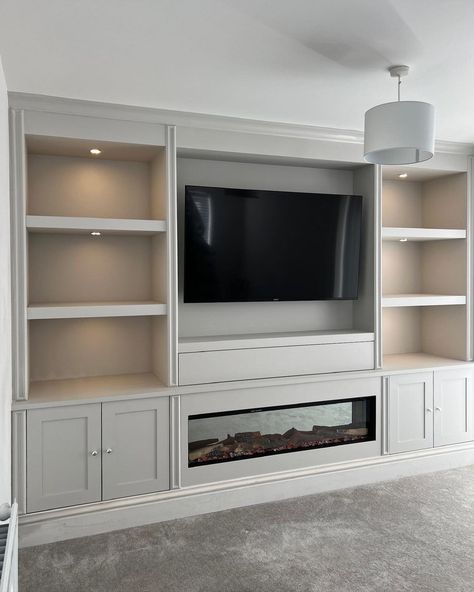 media wall with fireplace • Instagram Sitting Room Cabinets, Ikea Hemnes Media Wall, Media Wall With Cupboards Either Side, Bedroom Tv Wall With Fireplace, Lounge With Media Wall, Media Wall With Fireplace And Cupboards, Country Media Wall, Media Wall Bookshelves, Shaker Media Wall