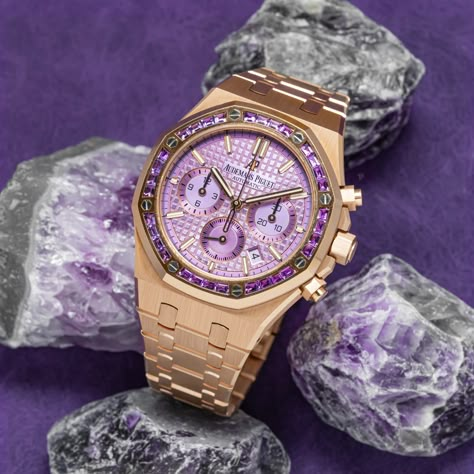 Precious Stones. Amethyst 💎💜  Audemars Piguet Royal Oak Chronograph Rose Gold Baguette Diamond Bezel Purple Index Dial  REF: #26319OR Audemars Piguet Royal Oak Chronograph, Ap Royal Oak Chronograph, Purple Watch, Audemars Piguet Watches, Fancy Watches, Nice Jewelry, Mens Fashion Watches, Expensive Watches, Expensive Jewelry