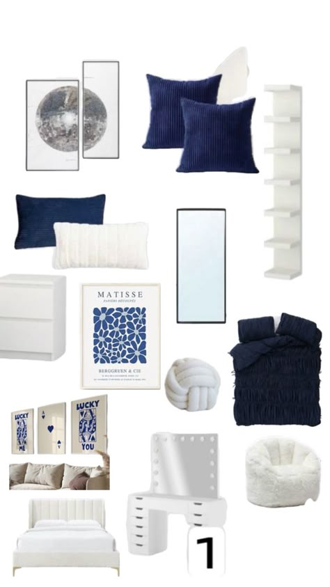 🎱 Blue And White Bedroom Ikea, Dark Blue Bed Ideas, Navy Minimalist Bedroom, Blue And Wood Room Aesthetic, Dark Blue And White Bedroom Ideas, Navy Blue White Bedroom, Navy Room Inspiration, Navy Blue Accent Bedroom, Navy Blue Aesthetic Room Decor