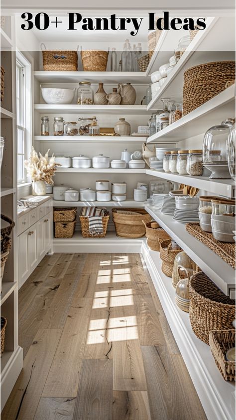 Spacious walk-in pantry with rows of shelving and ample natural light, perfect for large kitchens and organized storage. Diy Pantry In Closet, Large Farmhouse Pantry, White Pantry Shelves, Real Life Pantry Organization, Walk In Pantry Decor, How To Organize Walk In Pantry, Pantry With Beadboard, 8x10 Pantry Layout, Large Pantry Layout