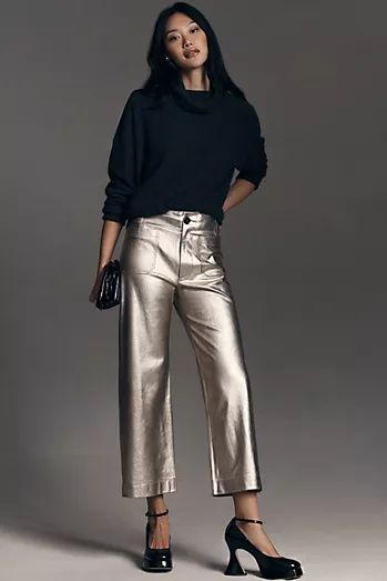 Metallic Pants Outfit, Silver Trousers, Cropped Wide Leg Trousers, Cozy Oversized Sweaters, Silver Pants, Leather Leggings Outfit, 50 Womens Fashion, Vegan Leather Leggings, Maeve Anthropologie