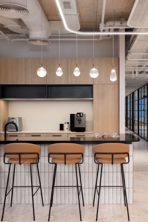 Office Coffee Bar, Office Break Room, Acoustic Ceiling Panels, Office Pantry, Davis Furniture, Tile Wood, Office Photo, Cove Lighting, Modular Lounges