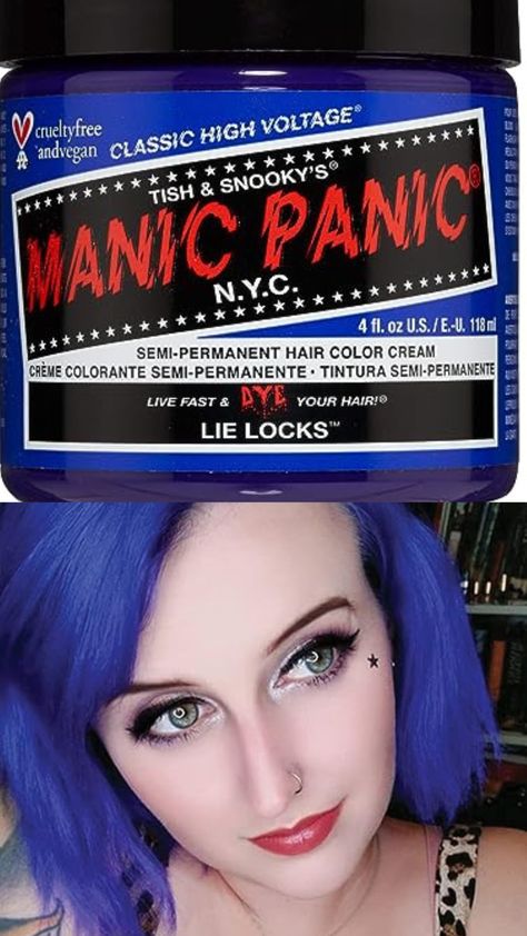 Lie Locks Hair Dye Color; A Cool Medium Indigo Purple-y Blue Hair Dye; Lie Locks Can Add Indigo Hues To Virgin Unbleached Hair; For Best Results We Recommend Lightening Hair To A Very Light Level Nine Blonde And Toning Hair Before Use To Prevent Unwanted Hues Mixable Colors And Tones; MANIC PANIC Hair Colors Are Safe To Mix To Create Custom Shades Making The Possibilities Of Shades Endless; Lie Locks Manic Panic, Blue Steel Manic Panic, Permanent Blue Hair Dye, Manic Panic Midnight Blue, Manic Panic Hair Color, Arctic Fox Hair Dye Aquamarine, Dyed Hair Blue, Hair Color Cream, Manic Panic