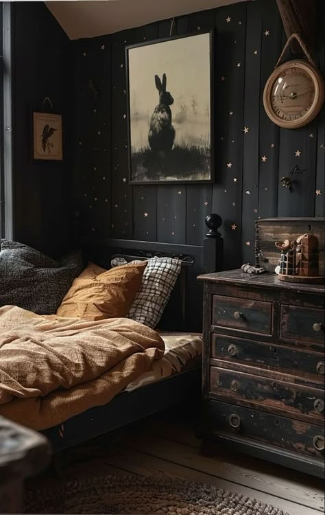 Black Lime Wash Bedroom, Modern Gothic Bedroom Ideas, Southern Gothic Bedroom Aesthetic, Dark Medieval Bedroom, Cottage Core Goth Aesthetic, Dark Cottage Interiors, Moody Celestial Bedroom, Wizard Bedroom Aesthetic, Dark Celestial Bedroom