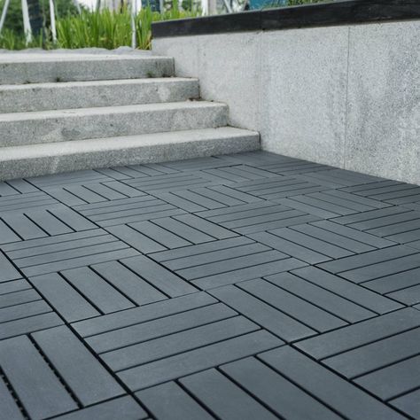 Enhance your outdoor living space with the Dark Gray Outdoor Polypropylene Interlocking Slat Patio and Decking Tiles. With their interlocking design, these tiles can be easily installed without the need for adhesives or special tools. Interlocking Patio Tiles, Deck Tiles Patio, Patio Decking, Decking Tiles, Backyard Patio Deck, Outdoor Deck Tiles, Interlocking Deck Tiles, Porch Tile, Interlocking Flooring