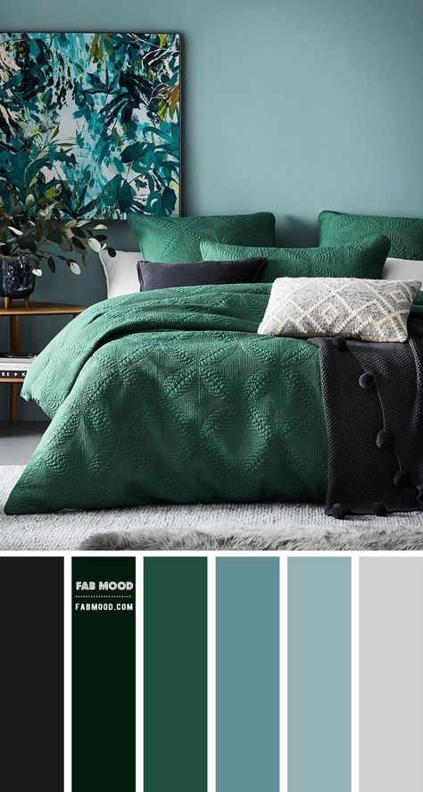 green bedroom, green color scheme for bedroom, green and grey bedroom #bedroomcolor #bedroom Green Bedroom Emerald, Teal And Green Bedroom Ideas, Blue Green Bedrooms Ideas, Green And Blue Guest Bedroom, Blue Green Grey Color Palette Bedroom, Blue Green And Grey Bedroom, Bedroom Inspirations Blue And Green, Deep Teal Green Color Palette, Green Blue Grey Bedroom