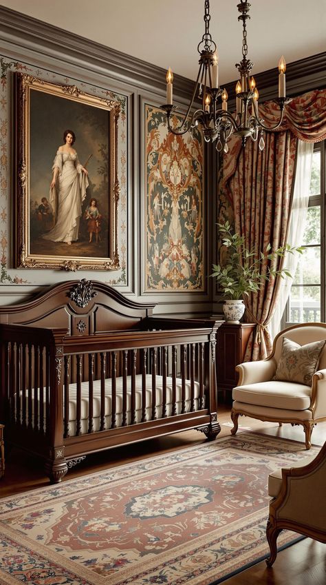 vintage inspired nursery Ralph Lauren Home Aesthetic, Dark Academia Nursery, Dark Nursery Ideas, Dark Wood Nursery, Medieval Nursery, Vintage Baby Boy Nursery, Nursery Ideas Neutral, Vintage Baby Rooms, Vintage Inspired Nursery