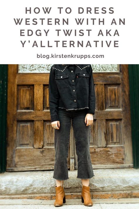 How to Dress Western with an Edgy Twist aka Y’allternative #westernfashion #western #fashion #edgy #yallternative #alternative How To Style Western Button Up Shirts Women, Modern Western Wear For Women, Western Americana Fashion, Western Punk Style, Western Goth Outfits Women, Y'all Ternative Outfits, Queer Western Fashion, Western Style Aesthetic, Alt Country Fashion