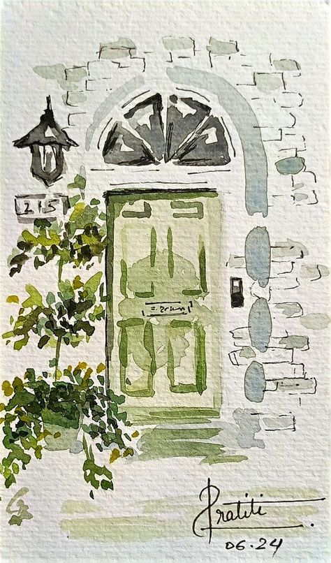 Watercolor And Sketch, Watercolor Art Pencil, Easy Watercolor Step By Step, Watercolor Home Painting, Watercolor Front Door, Paintings With Watercolour, Watercolor Painting Gift Ideas, Watercolor Churches Simple, Watercolor Quote Art