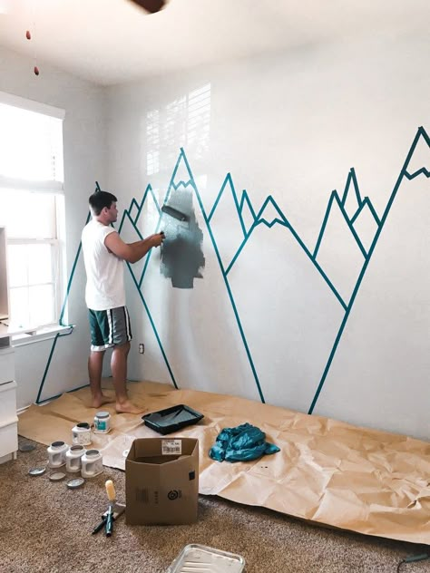 Diy Geometric Mountain Mural, Mountain Wall Art Kids Rooms, Painted Wall Mountains, Easy Mountain Mural For Nursery, Playroom Mountain Wall, Mountains Mural Diy, Mountain On Wall, Diy Mountain Wall Mural, Easy Mountain Wall Mural Diy