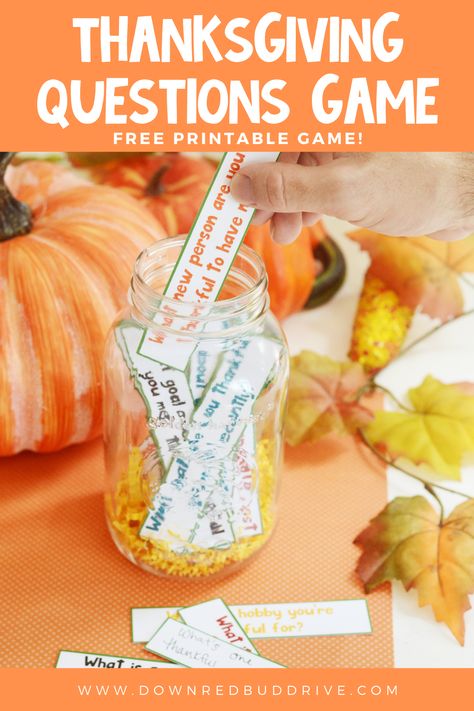 Play this free printable Thanksgiving gratitude game at your family gathering this year! Focus on all the things you're thankful for! Thanksgiving Gratitude Game | Thanksgiving Questions | Thanksgiving Questions for Kids | Thanksgiving Questions for Family | Thanksgiving Activity | Thanksgiving Printable | Down Redbud Drive Thanksgiving Games For Adults Activities, Thanksgiving I Am Thankful For Ideas, Yw Thanksgiving Activities, Youth Friendsgiving Ideas, The Gratitude Game, Youth Thanksgiving Activity, Thanksgiving Handouts Lds, Questions For Thanksgiving Dinner, M&m Gratitude Game