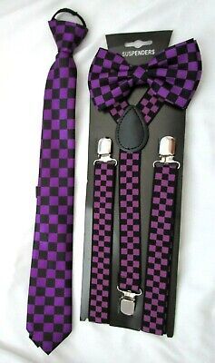 PURPLE&BLACK CHECKER BOW TIE,PRE-TIED TIE+1" ROW PURPLE CHECKERS SUSPENDERS-NEW | eBay Cute Tie Outfits, Transmasc Clothes, Scenecore Clothes, Rainbowcore Fashion, Y2k Bows, Clowncore Outfit, Emo Scene Aesthetic, Purple Clothes, Purple Clothing