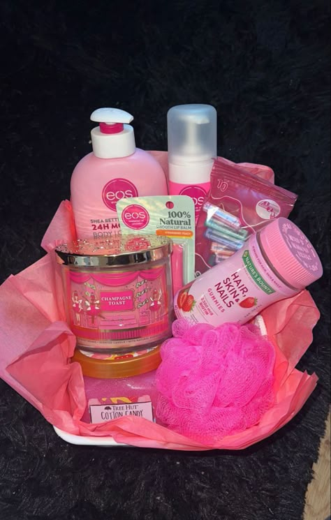 Baskets For Your Girlfriend, Pink Self Care Basket, Pink Themed Gift Basket Birthday, Pink Out Basket, Baddie Birthday Gift Ideas, Cute Valentines Day Gifts For Bsf, Hot Pink Gift Basket Ideas, Bae Baskets Cheap, Boujee Birthday Gift Ideas