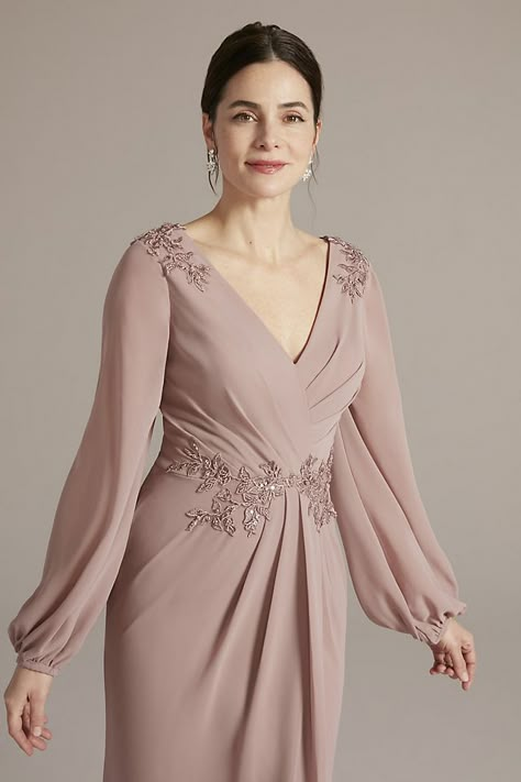 Occasion Dresses - Oleg Cassini Embellished Chiffon Gown with Long Sleeves Style # WBM2815 – View Image 3 Dressup Ideas, Bride Dress Plus Size, Long Party Gowns, Prom Dresses Sparkly, Sukienki Plus Size, Sparkly Prom Dresses, Floral Prom Dresses, Mother Of The Bride Gown, Plus Size Elegant