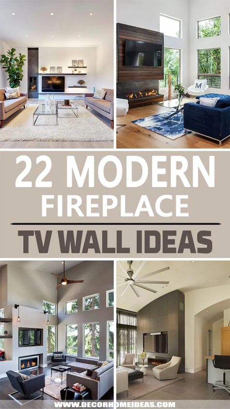 Best Modern Fireplace TV Wall Ideas. Get some creative ideas and designs on modern fireplace TV walls. Create an accent with a modern fireplace and add a TV above or beside it. #decorhomeideas Modern Fireplaces With Tv Above, Tv Not Above Fireplace Living Rooms, Mounted Fireplace And Tv, Wall Mounted Fireplace Ideas, Wall Fireplace Ideas With Tv, Wall Mounted Electric Fireplace Ideas With Tv, Tv Unit With Fireplace Modern, Fireplace And Tv On Opposite Walls, Low Profile Fireplace With Tv Above