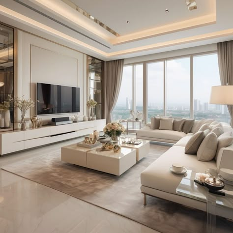 Cream Elegance: Modern Luxury in Living Room Design | FH Living Luxury Modern, Living Room Interior With Tv, Dream Tv Room, Luxurious Apartment Living Room, Tv Unit For Big Wall, Modern Flat Interior Living Rooms, Living Hall Design Modern Luxury, Sleek Tv Unit Design For Living Room, Big Living Room Ideas Apartment