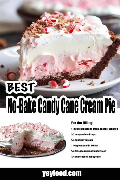 No-Bake Candy Cane Cream Pie This no-bake candy cane cream pie with a chocolate graham cracker crust is one of my favorite holiday desserts. I've been making it for over 15 years, and it's always Small Group Food Ideas, Easy Christmas Pies, Easy Christmas Cheesecake, Graham Cracker Crust Dessert, Christmas Dessert Easy, No Bake Christmas Desserts, Candy Cane Recipes, No Bake Candy, Candy Cane Pie