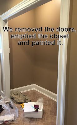 Front Door Closet Makeover, Turn Closet Into Drop Zone, Mudroom Closet Conversion, Farmhouse Hall Bathroom Ideas, Hall Closet Makeover Entryway, Living Room Closet Makeover, Entrance Closet Makeover, Mud Room Closet Organization, Mud Closet Ideas