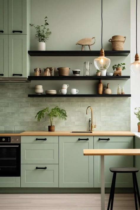 Green Color Home Decor, Green Wall Kitchen Ideas, Light Green Backsplash, Sage Green And Black Kitchen, Green Grey Kitchen, Grey Green Kitchen, Kitchen Design Island, Green And Wood Kitchen, Soft Green Kitchen