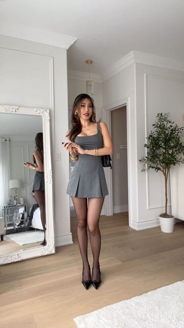 Dress With Mini Cardigan, Corset Classy Outfit, Pleated Mini Dress Outfit, Classy Mini Dress Outfit, Short Grey Dress Outfit, Grey Mini Dress Outfit, Grey Skort Outfit, Grey Dress Aesthetic, Grey Corset Outfit