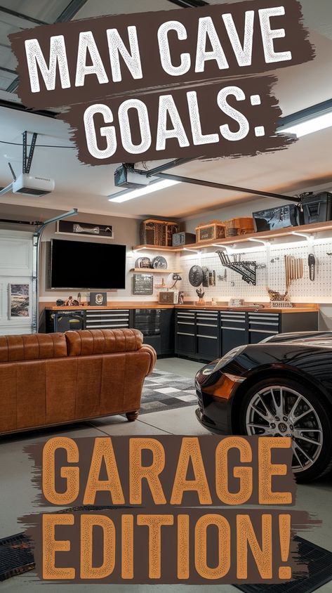 Dreaming of an Ultimate Garage? Explore Garage Man Cave Ideas that redefine cool. From sleek Garage Design Interior layouts to adding a cozy Garage Loft, your space can become a true retreat. Whether it a classic Man Garage or bold Big Garage Interior, find endless inspiration here! #gg #homedesigninsider #2cargaragemancaveideas Half Garage Half Man Cave, 2 Car Garage Interior Ideas, Garage With Couch, Large Garage Interior, Garage Office Design, 2 Car Garage Man Cave Ideas, Corvette Garage Ideas, 2 Car Garage Workshop Layout, Industrial Garage Design Ideas