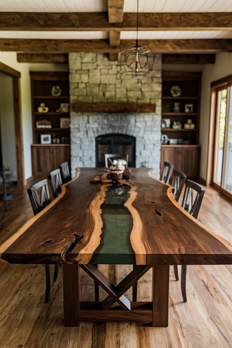 Check out this stunning rustic dining room featuring a live-edge table with a glass river! Perfect blend of nature and elegance. 
What do you think? Comment below!
#woodworking #wood #handmade #woodworker #woodwork #diy #design #interiordesign #woodart #art #homedecor #furniture #wooddesign Live Edge Dining Table And Chairs, Live Edge Dining Table Diy, Live Edge Epoxy Dining Table, Diy Live Edge Table, Live Edge Dining Room Table, Glass And Wood Table, Live Edge Table Dining Rooms, Live Edge Dining Room, Woodwork Diy