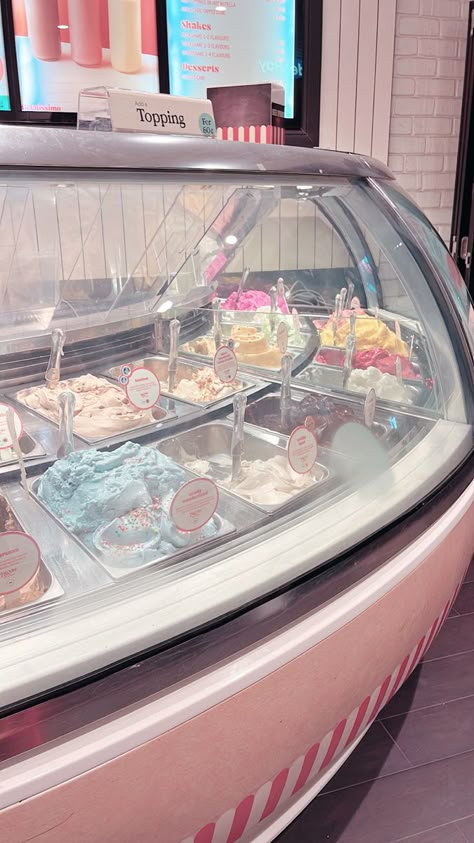 Pastel ice cream parlour with many flavours of ice cream in a glass case Pastel Ice Cream Aesthetic, Ice Cream Maker Aesthetic, Japan Ice Cream Shop, Old Fashion Ice Cream Shop, Ice Cream Parlour Aesthetic, Cute Shop Aesthetic, I’ve Cream Shop, Pink Ice Cream Aesthetic, Ice Cream Store Aesthetic