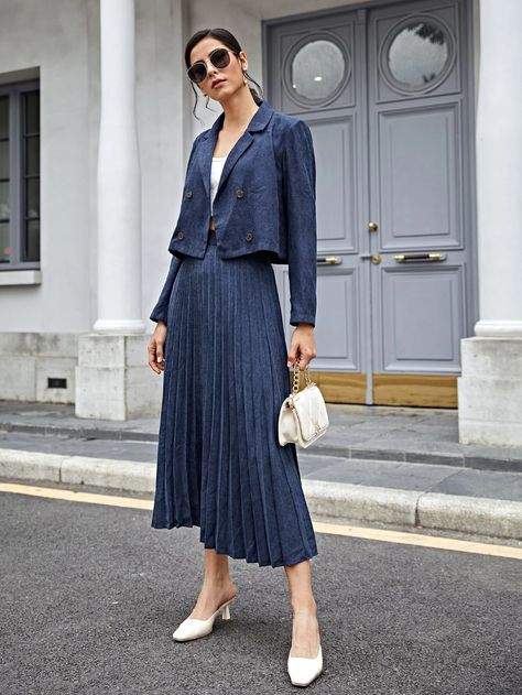 Corduroy Double Breasted Crop Blazer & Pleated Long Skirt | SHEIN USA Blazer With Dress Outfit, Blazer Over Dress, Blazer And Skirt Outfits, Long Blazer Outfit, Blazer Skirt Outfit, Crop Blazer Outfit, Blazer Dress Outfits, Long Skirt Suits, Flare Maxi Skirt