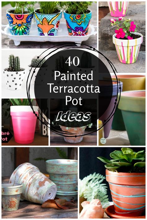 A collage of painted terra cotta pots from aged look to bright and colorful. Terracotta Design Ideas, Terracotta Pot Decorating Ideas, Terracotta Pot Painting Ideas Boho, Decorated Terra Cotta Pots, Plant Pot Designs Paint, Terracotta Pots Painted Diy Ideas, Clay Pot Decorating Ideas, Terracotta Pot Ideas, Painting Terra Cotta Pots Ideas