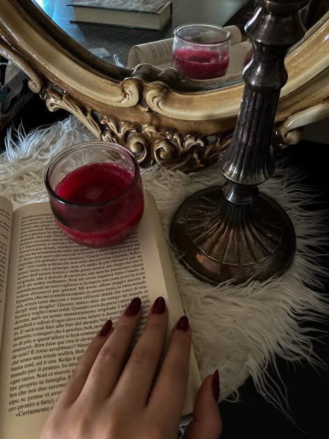 red nails, books, candles, vintage mirror, Red Lady Aesthetic, Arushicore Aesthetic, Camila The Secret History Aesthetic, Russian Red Aesthetic, Red Nails Aesthetic Vintage, Dark Academia Lipstick, Couqutte Aesthetic Dark, Dark Red Study Aesthetic, Lady Dakota Warren Aesthetic