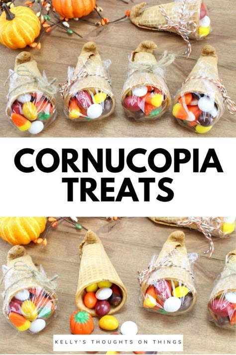 Cornucopia Treats are a must-make this Thanksgiving! Sweet sugar cones are filled with the best fall candy and wrapped up to giveaway as a Thanksgiving treat the whole family will enjoy! #FallTreats #Autumn #cornucopia #kidfriendly #diy Cornucopia Snack Ideas, Cornucopia Fruit Cone, Thanksgiving Candies Treats, Cornucopia Candy Favors, Sugar Cone Cornucopia Treats, Thanksgiving Candy Cornucopia, Sugar Cone Cornucopia, Waffle Cone Cornucopia, Preschool Thanksgiving Treats