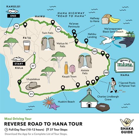 Shaka Guide's Reverse Road to Hana Itinerary Hana Road Maui, Road To Hana Itinerary, Road To Hana Maui Map, Hawaii Road Trip, Road To Hana Map, Hana Highway Maui, Road To Hana Maui, Maui Map, Hawaii Trip Planning