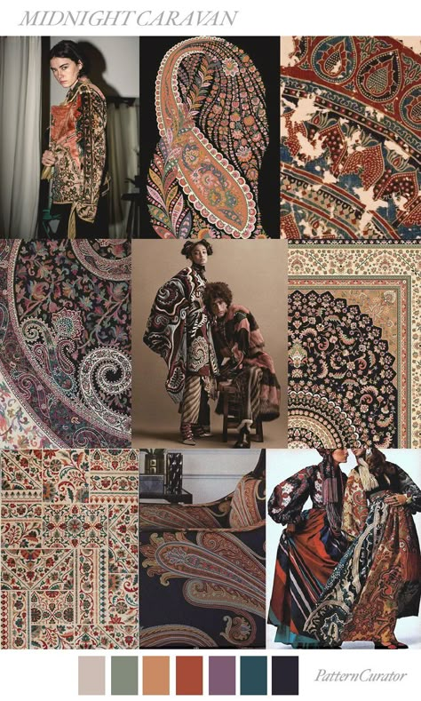 Pattern Combinations Fashion, Textile Color Palette, Illustration Trends 2025, Pattern Trends 2025, Persian Prints, Boho Chic Wallpaper, Bohemian Graphic Design, Classy Colours, Draped Sarees