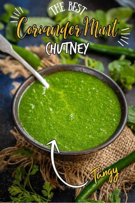 This tangy and spicy Green Chutney (Mint Coriander Chutney, Cilantro Mint Chutney, Indian Green Sauce) is the perfect accompaniment to serve with appetizers or Indian meals. Coriander Mint Chutney Indian, Indian Green Sauce Spicy, Cilantro Mint Chutney Indian, Cilantro Mint Chutney, Mint Coriander Chutney, Indian Green Chutney, Mint Sauce Indian, Mint Chutney Indian, Indian Mint Chutney