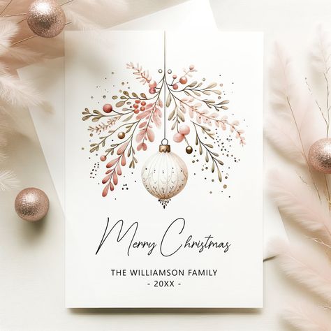 Discover a touch of elegance and festive charm with our Watercolor Christmas Bauble Card. The soft pastel hues of pink and tender greenery adorn a classic Christmas bauble, beautifully capturing the spirit of the holiday season. This flat card offers a quaint and whimsical way to extend your warmest holiday wishes. Ideal for those who appreciate a vintage aesthetic intertwined with modern simplicity. The gentle watercolor texture provides a delicate and authentic feel, making each greeting feel Card Diy Ideas, Christmas Card Diy, Painted Christmas Cards, Card Watercolor, Christmas Card Art, Watercolor Card, 카드 디��자인, Watercolor Christmas Cards, 수채화 그림