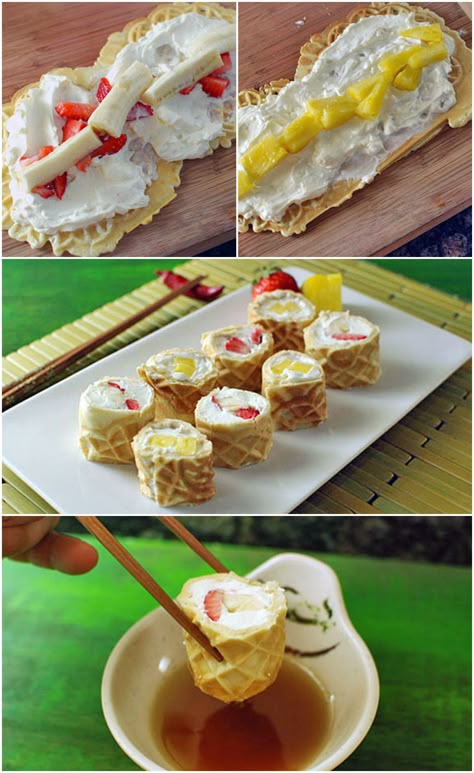 Waffle Breakfast Sushi Rolls, love this idea! Breakfast Sushi, Whole Wheat Waffles, Waffle Breakfast, Food Bakery, Breakfast Waffles, Pictures Of Food, Think Food, Snacks Für Party, Sushi Rolls