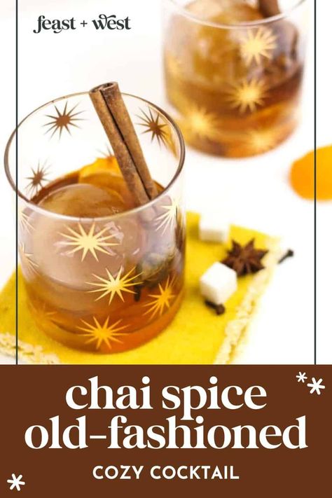 A Chai-Old Fashioned Cocktail is the fall and winter nightcap of your dreams. Made with cardamom bitters and chai tea ice cubes, the chai spices infuse slowly as the ice melts into the whiskey, letting more flavor seep in with every sip. https://feastandwest.com/chai-old-fashioned-cocktail/ Chai Old Fashioned, Chai Cocktail, Tea Ice Cubes, Frozen Drinks Alcohol, Whiskey Old Fashioned, Vanilla Bean Cupcakes, Chai Spices, Breakfast Cocktails, Chai Recipe