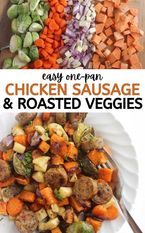 Chicken Sausage Bake Recipes, Baked Chicken Sausage, Roast Sausage And Veggies, Baked Sausage And Veggies, Roasted Chicken Sausage And Vegetables, Chicken Sausage Veggie Sheet Pan, Roasted Veggies And Sausage In Oven, Chicken Sausage With Veggies, Sides For Chicken Sausage