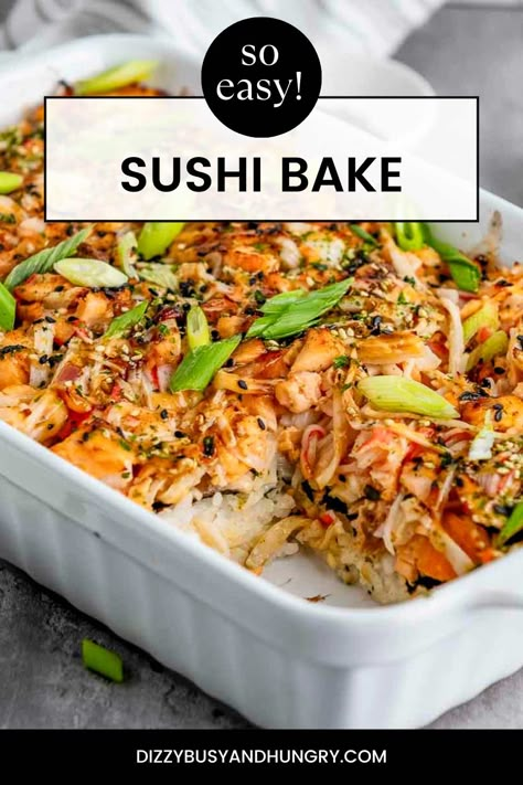 A unique take on the classic Japanese dish, this Sushi Bake is the perfect way to feed the whole family! A sushi casserole is an excellent dish to satisfy any crowd. It combines all of your favorite sushi ingredients in a layered casserole that’s baked in the oven and is much easier than classic sushi. It’s more affordable as well, but just as delicious! Sushi Roll Bake, Lazy Sushi Bake, Easy Salmon Sushi Bake, Sushi Casserole Easy, Sushi Lasagna, Baked Sushi Rice Recipe, Sushi Casserole Recipe, Sushi Bake Salmon, Tuna Sushi Bake