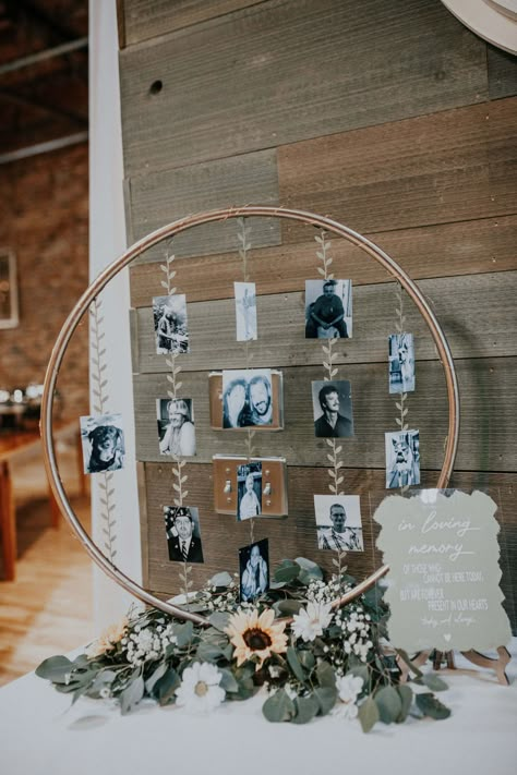 Hula Hoop Memory Table, In Memory At Wedding Ideas, Passed Ones At Wedding, Circle Wedding Decor, Anniversary Ideas Decorations, Wedding Ideas For Loved Ones Who Passed, Rustic Wedding Memorial Ideas, Wedding Ideas In Memory Of, Memory Wall For Wedding