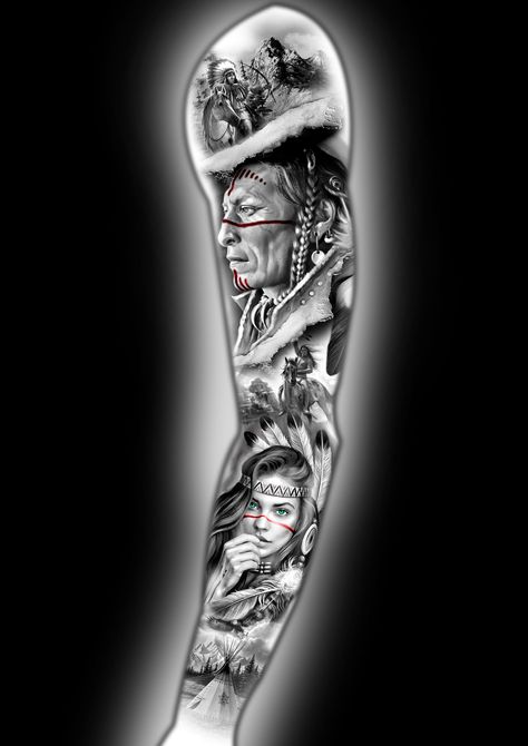 Native American Realism Tattoo, Totem Pole Tattoo Native American, Native Sleeve Tattoo, Native Indian Tattoo Design, Native American Sleeve Tattoo, Indian Tattoos For Men, Native American Sleeve, Native American Warrior Tattoos, Red Indian Tattoo