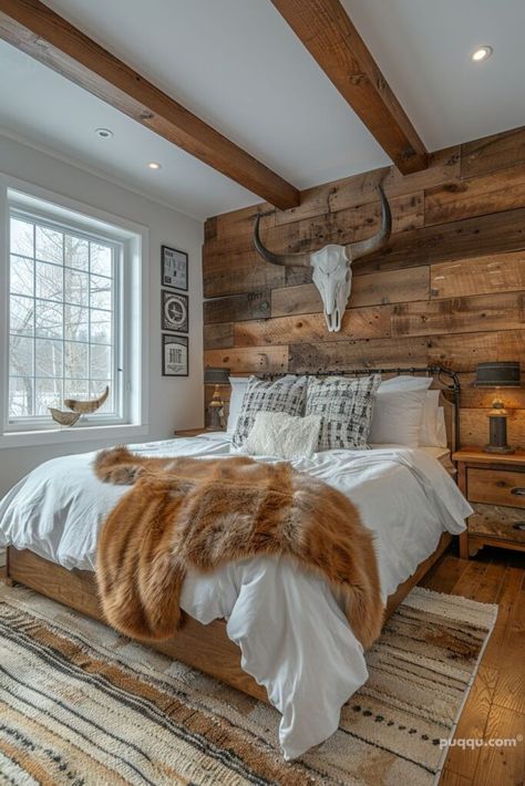 modern-western-bedroom-4 Rustic Farm Bedroom Ideas, Western Homes Interior, Decor For Master Bed, Rustic Cabin Bedding Ideas, Accent Wall Bedroom Western, Calm Western Bedroom, Full Size Western Bedding, Rustic Chic Master Bed, Modern Rustic Home Decor Ideas