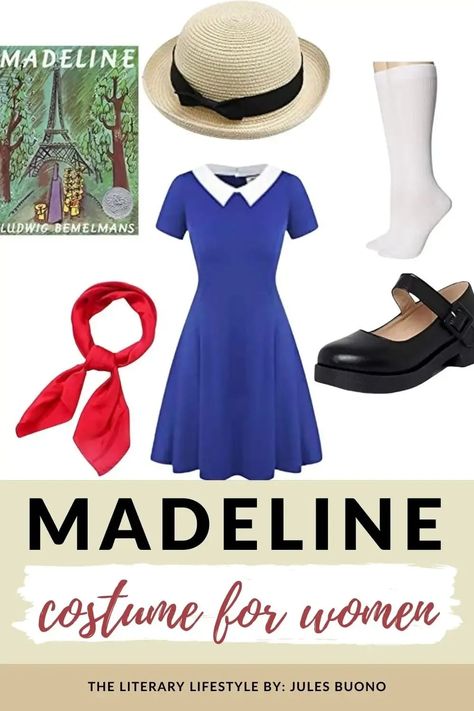 Book Character Cosplay Ideas, Diy Book Character Costumes For Teachers, Classic Characters Costumes, Book Character Dress Up, Literary Characters Costumes, Madeline Book Character Costume, Madeline Costume Women, Dress Like A Book Character For Kids, Madeline Halloween Costume