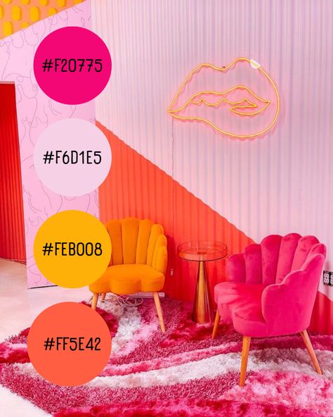 Pink Orange And Gold Room, Fluorescent Pink Aesthetic, Pink And Tangerine Color Palette, Pink Orange Photoshoot, Pink And Orange Retro Aesthetic, Colourful Salon Decor, Pink Orange Yellow Living Room, Boss Babe Color Palette, Pink And Orange Dining Room