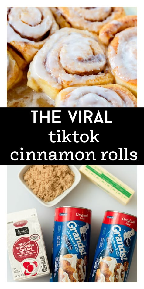 These viral TikTok Cinnamon Rolls with heavy cream take cans of Pillsbury Grands Cinnamon Rolls and soak them in heavy whipping cream. Then they are topped with melted butter and brown sugar. These are the BEST and easiest cinnamon rolls you will ever make! Easiest Cinnamon Rolls, Grands Cinnamon Rolls, Cinnamon Rolls With Heavy Cream, Pillsbury Cinnamon Roll Recipes, Tiktok Cinnamon Rolls, I Lost 100 Pounds, Breakfast Scones, Pillsbury Grands, Cinnamon Rolls Easy